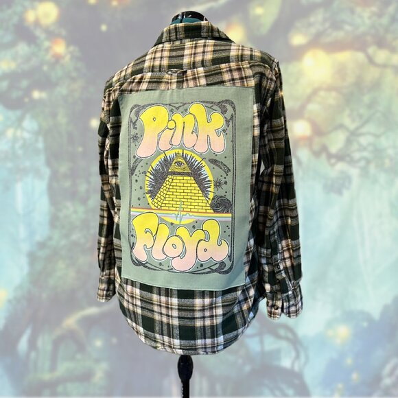 Upcycled Pink Floyd Flannel | Eddie Bauer Size M | Glitter Graphic Patch - Picture 4 of 5